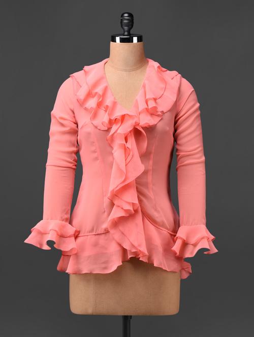 plain ruffles long sleeves polygeorgette top - 1056268 - Very Small Image - 1