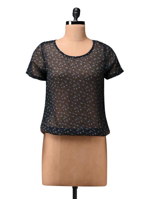 sheer printed short sleeves polychiffon top - 1056290 - Very Small Image - 1