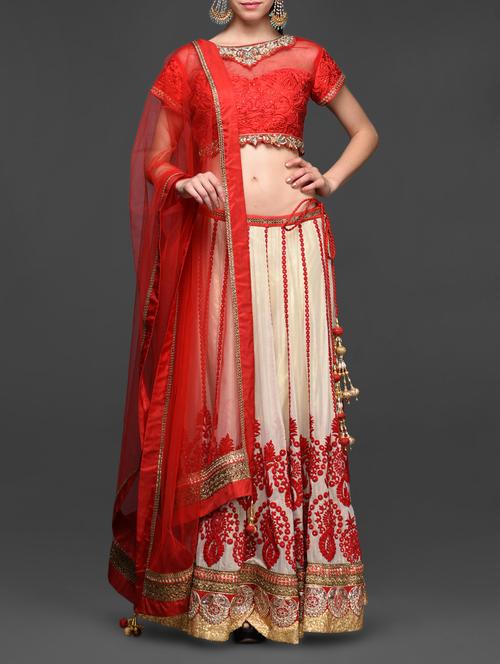 embroidered red and cream stitched lehenga set - 1058561 - Very Small Image - 1