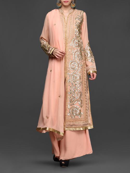 gota patti embellished peach georgette suit set - 1058562 - Very Small Image - 1
