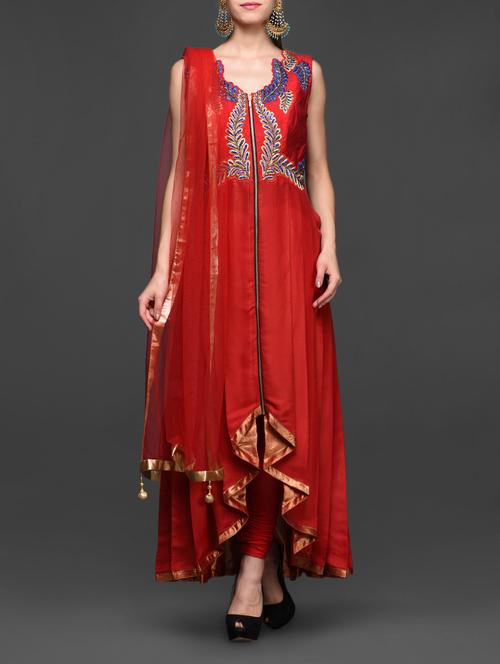 blood red pleated asymmetrical anarkali suit - 1058573 - Very Small Image - 1