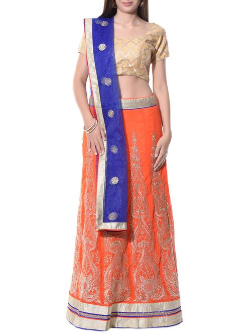 Orange embroidered unstitched lehenga set - 10597899 - Very Small Image - 1