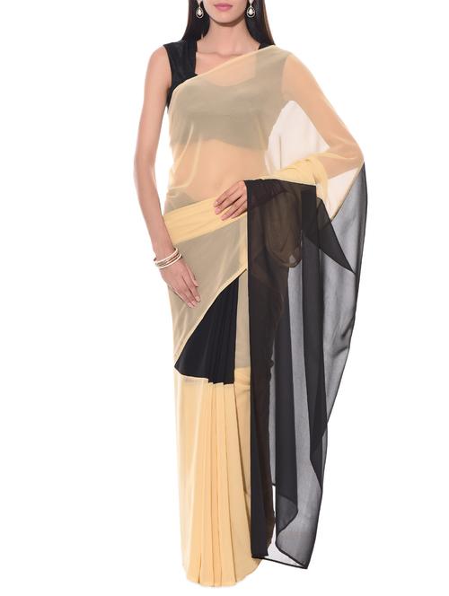 black and beige georgette saree - 10599100 - Very Small Image - 1