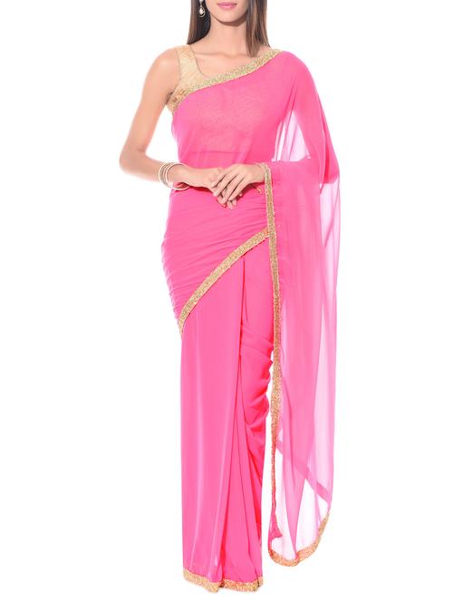 pink georgette saree with sequined border - 10599101 - Very Small Image - 1