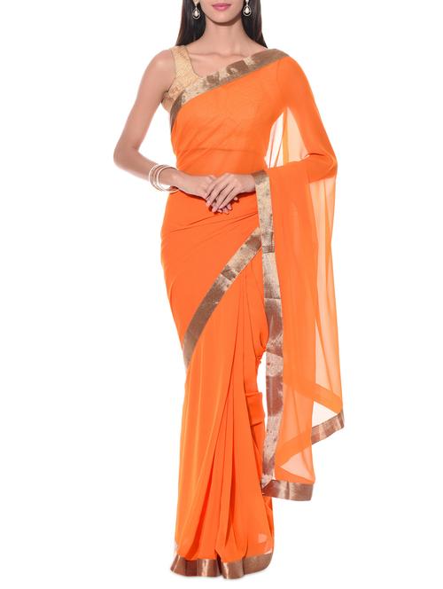 orange georgette saree with gold border - 10599102 - Very Small Image - 1