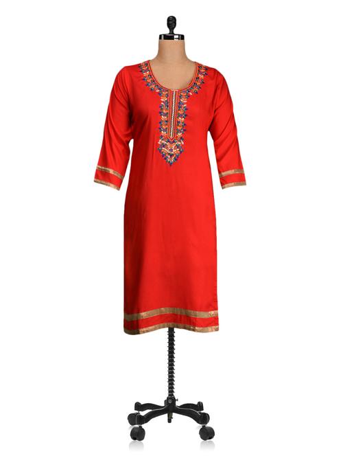 embroidered neck line rayon kurta - 1061389 - Very Small Image - 1