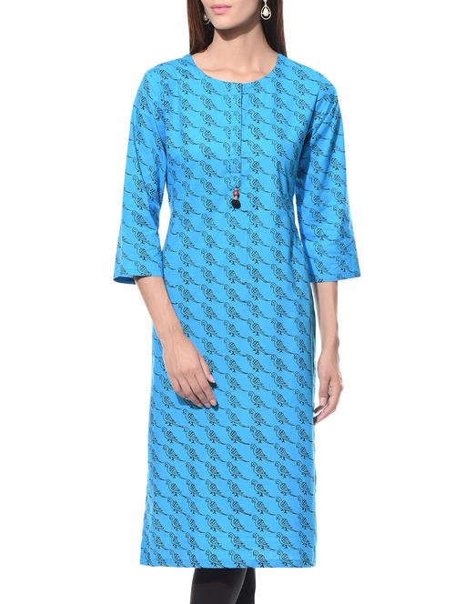 Turquoise printed round neck cotton kurta - 10619391 - Very Small Image - 1
