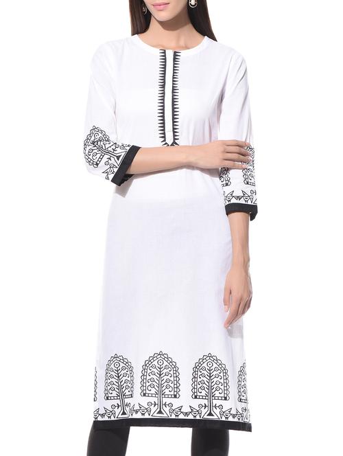 White printed round neck cotton kurta - 10619400 - Very Small Image - 1