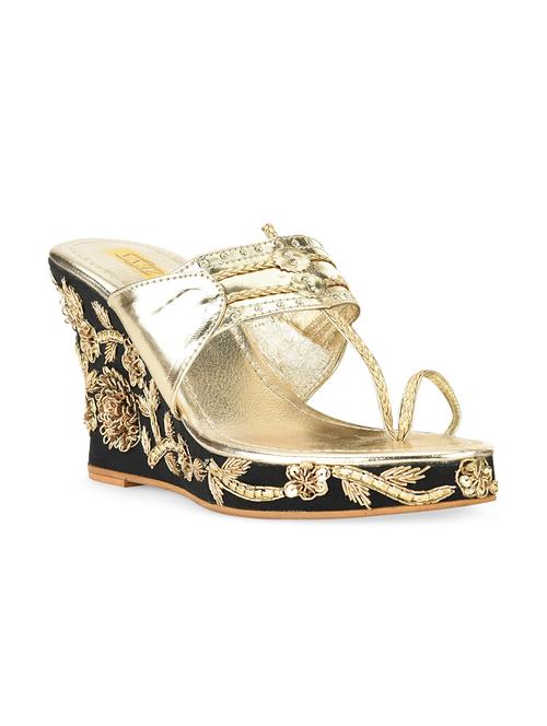 Gold and black embroidered leather wedges - 10628867 - Very Small Image - 1