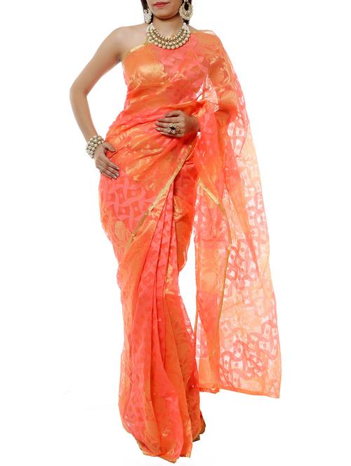 orange color net handloom saree - 10629571 - Very Small Image - 1
