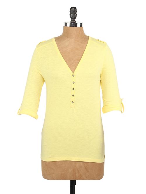 plain yellow roll-up sleeves knit top - 1064971 - Very Small Image - 1