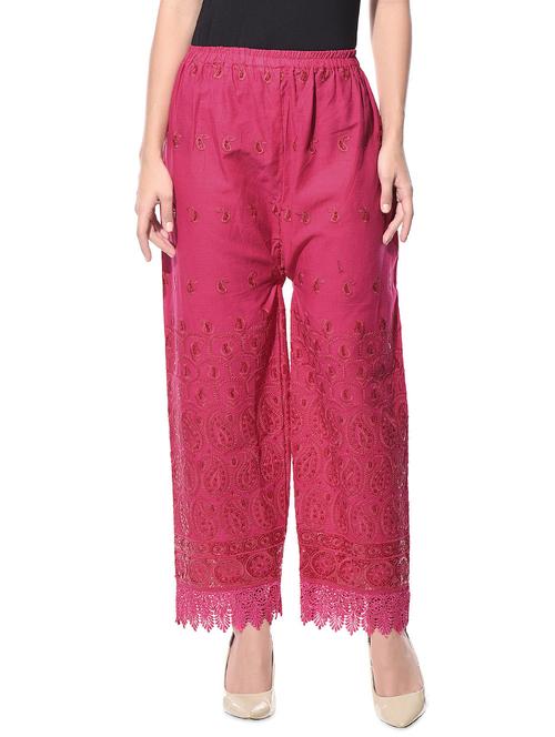 solid fuchsia cotton embroidered palazzos - 10653760 - Very Small Image - 1