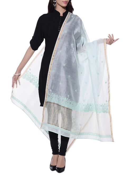 mint chanderi silk chikankari dupatta - 10660081 - Very Small Image - 1