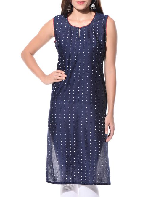 Indigo Cotton Hand-Block Printed Kurta - 10660097 - Very Small Image - 1