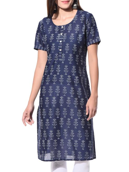 indigo cotton hand-block printed kurta - 10660114 - Very Small Image - 1