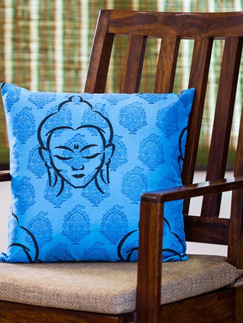exclusivelane handblock printed cushion cover in silk - blue - 10669878 - Very Small Image - 1