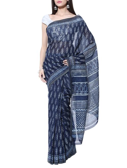 indigo block print chanderi silk saree - 10682968 - Very Small Image - 1