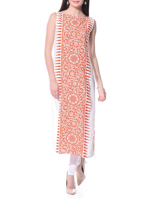 white, orange cotton kurta - 10694115 - Very Small Image - 1