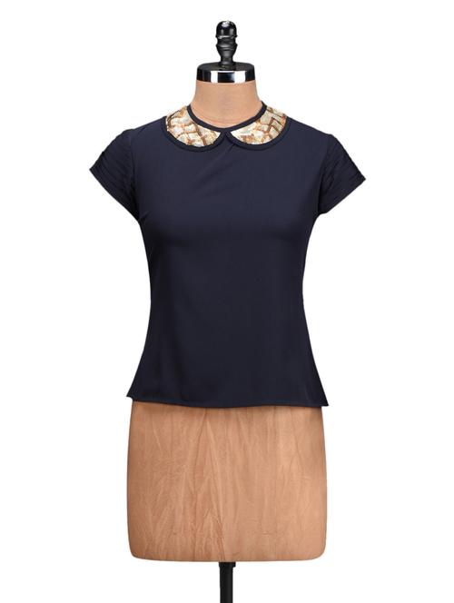 peter pan collar poly crepe embellished top - 1073676 - Very Small Image - 1