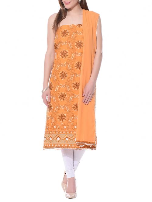 orange chikankari cotton unstitched suit set - 10751513 - Very Small Image - 1