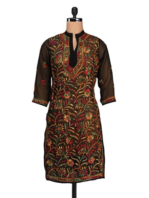 Sheer Sleeve Aari work Black Kurta - 1078287 - Very Small Image - 1