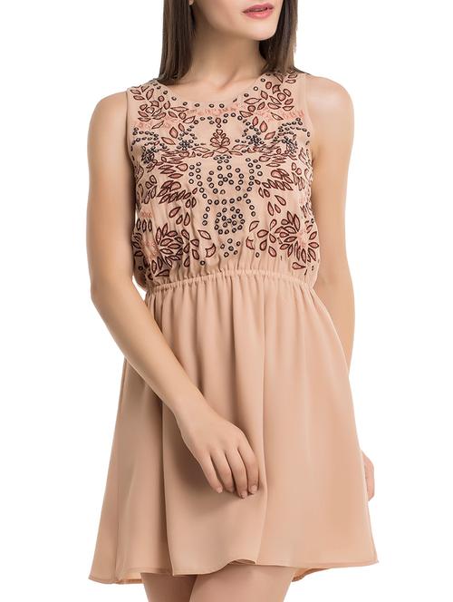 beige silk blend fit & flare dress - 10803459 - Very Small Image - 1