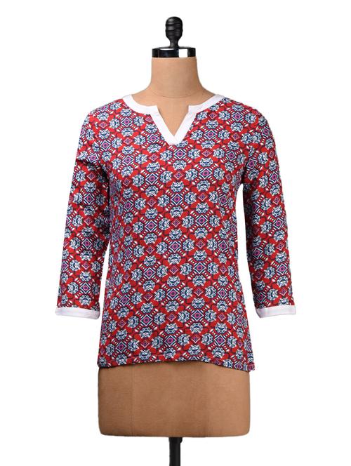 Printed 3/4th sleeves rayon top - 1080449 - Very Small Image - 1