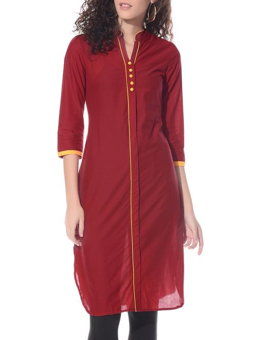 maroon cotton straight kurta - 10807949 - Very Small Image - 1