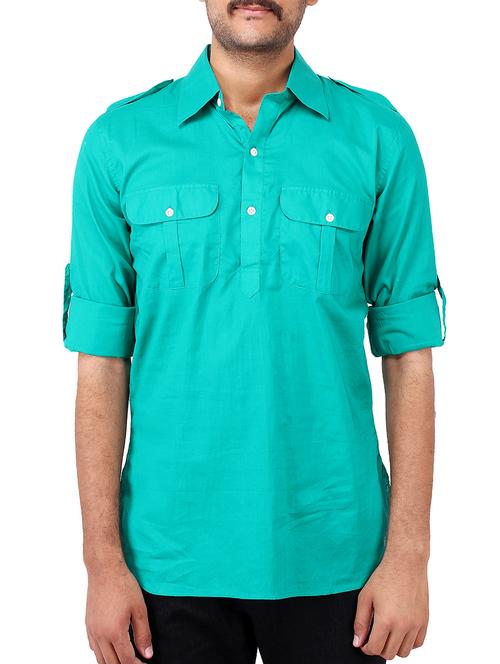 solid turquoise cotton kurta - 10808890 - Very Small Image - 1