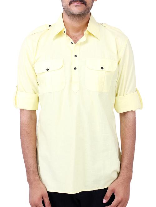 solid lemon yellow cotton kurta - 10808892 - Very Small Image - 1