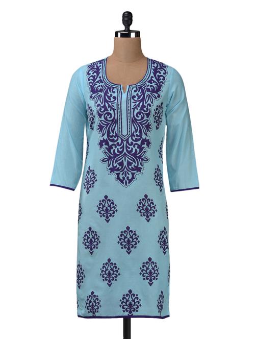blue cotton straight kurta - 1082025 - Very Small Image - 1