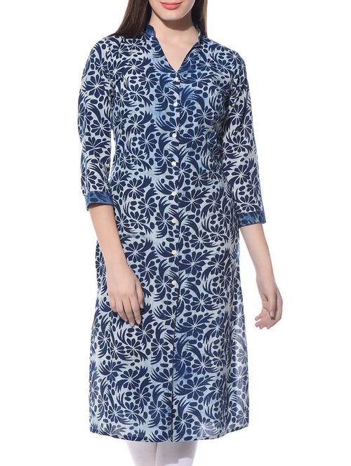 indigo and white cotton hand-block printed kurta - 10824026 - Very Small Image - 1