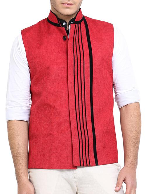 red striped jute nehru jacket - 10839812 - Very Small Image - 1