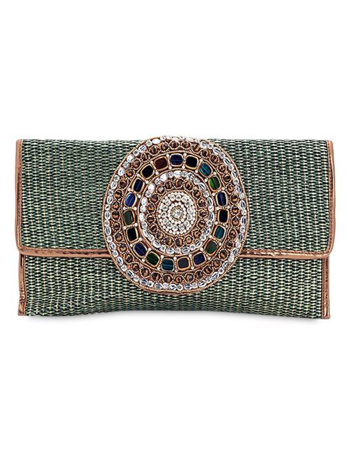 Crystal & stone work Jute Clutch - 1085291 - Very Small Image - 1