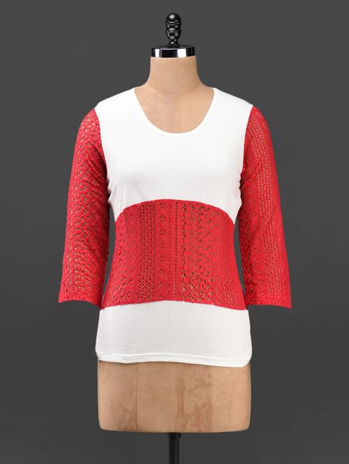 red lace sleeves color block top - 1085719 - Very Small Image - 1