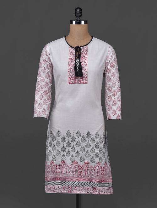 block printed dori neck kurta - 1086181 - Very Small Image - 1