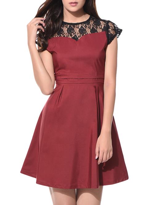 wine solid lace detailed skater dress - 10882573 - Very Small Image - 1