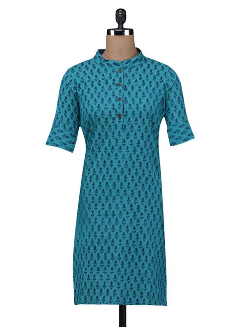 blue Cotton Straight Kurta - 1093159 - Very Small Image - 1