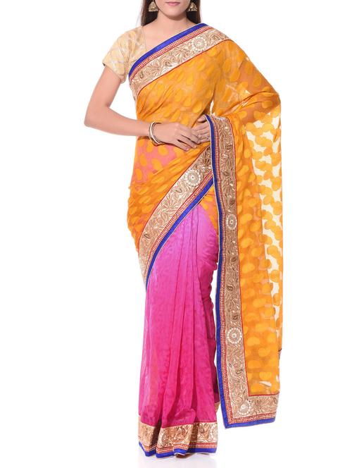pink and yellow net embellished saree - 10934848 - Very Small Image - 1