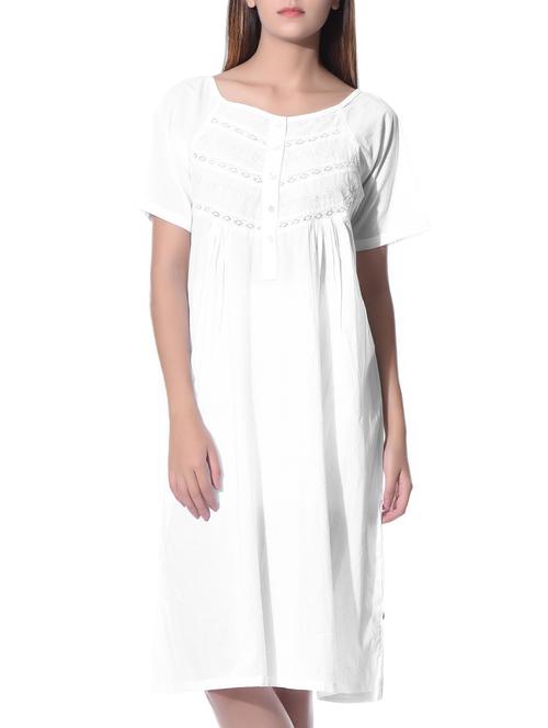 solid white embroidered cotton nighty - 10956435 - Very Small Image - 1