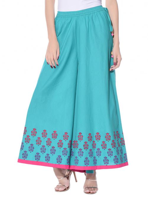 turquoise hand block print cotton divided skirt - 10967070 - Very Small Image - 1