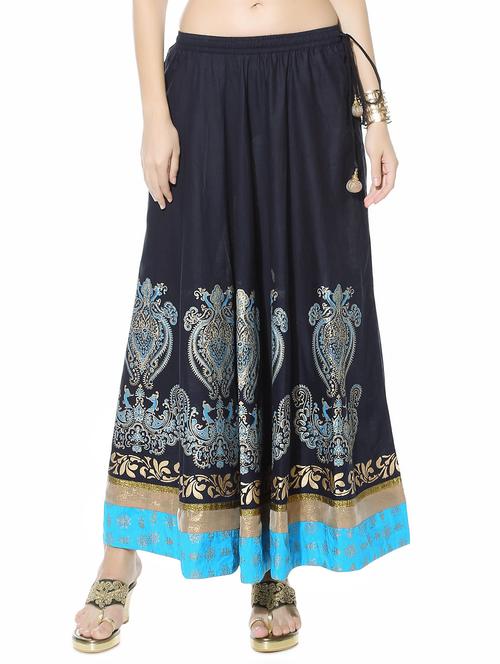 Navy blue printed cotton ethnic skirt - 10967080 - Very Small Image - 1