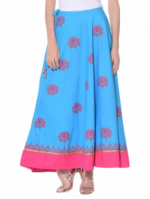 Turquoise printed cotton ethnic skirt - 10967082 - Very Small Image - 1