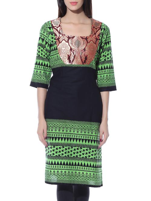 Green and black printed cotton kurta - 10967672 - Very Small Image - 1