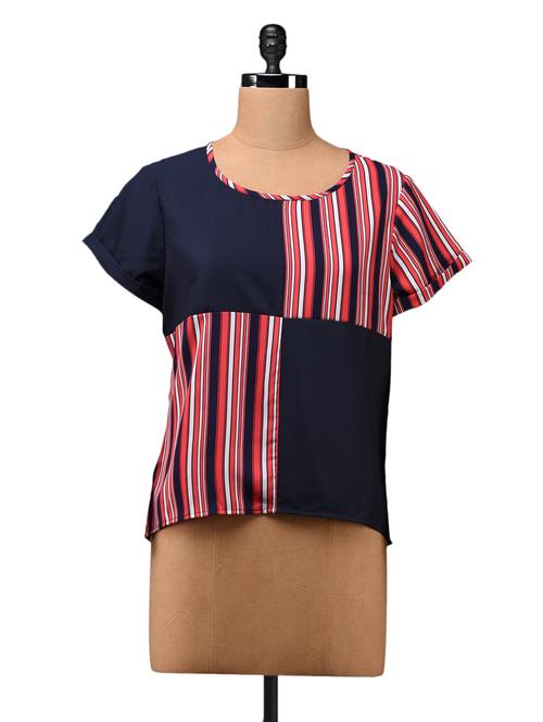 striped quarters round neck crepe top - 1097905 - Very Small Image - 1