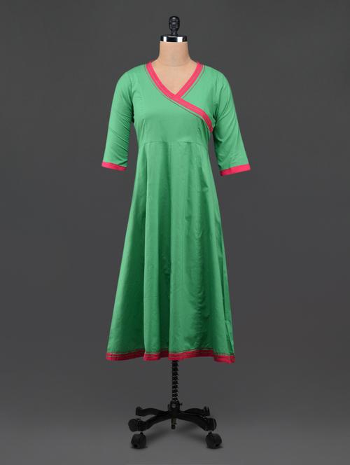 Green cotton angrakha-inspired anarkali kurta - 1098106 - Very Small Image - 1