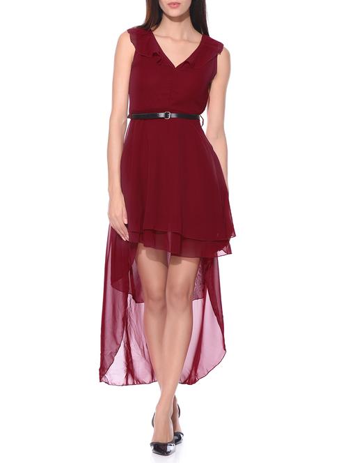 maroon crepe assymetric dress - 10981791 - Very Small Image - 1