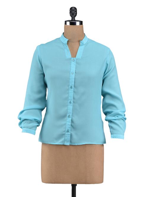 solid aqua full sleeve mandarin collar top - 1098535 - Very Small Image - 1