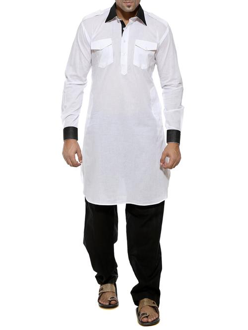 white and black cotton kurta pyjama set - 10987163 - Very Small Image - 1