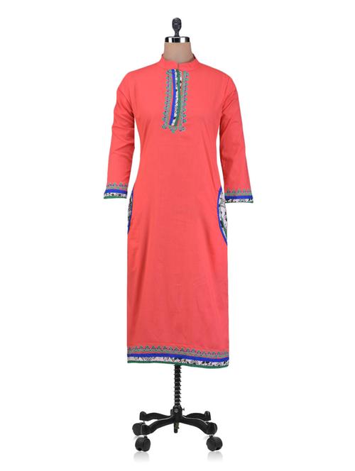 Embroidered Neck Border Pink Kurta - 1098899 - Very Small Image - 1
